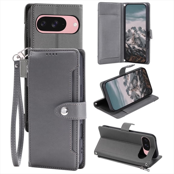 TECH CIRCLE Flip Folio Wallet Case for Google Pixel 8, with Wrist Strap and Crossbody Strap, PU Leather Protective Case with Credit Card Holders, Pockets, Stand, Magnetic Snap Closure, Gray