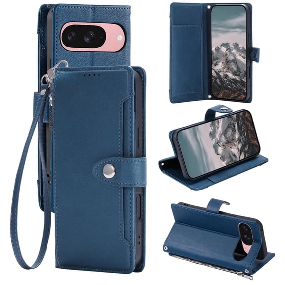 TECH CIRCLE Flip Folio Wallet Case for Google Pixel 8, with Wrist Strap and Crossbody Strap, PU Leather Protective Case with Credit Card Holders, Pockets, Stand, Magnetic Snap Closure, Dark Blue