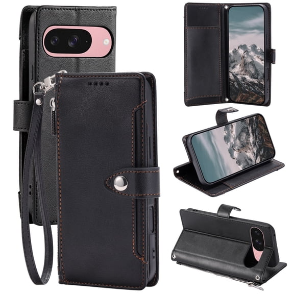TECH CIRCLE Flip Folio Wallet Case for Google Pixel 8, with Wrist Strap and Crossbody Strap, PU Leather Protective Case with Credit Card Holders, Pockets, Stand, Magnetic Snap Closure, Black