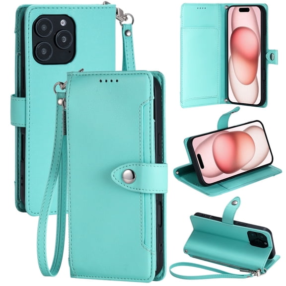 TECH CIRCLE Flip Folio Wallet Case for iPhone 12 Mini, with Wrist Strap and Crossbody Strap, PU Leather Protective Case with Credit Card Holders, Pockets, Stand, Magnetic Snap Closure, Mint