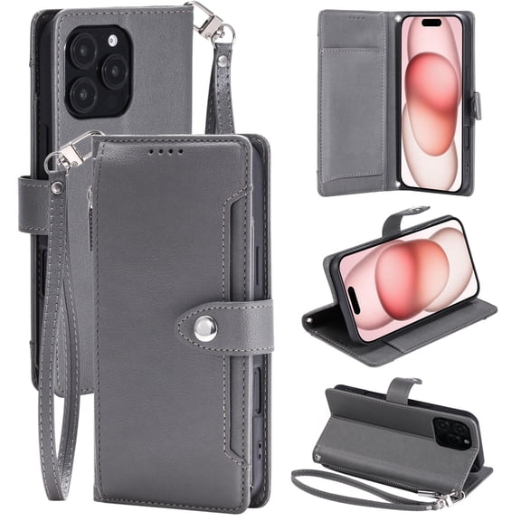 TECH CIRCLE Flip Folio Wallet Case for iPhone 13 Mini, with Wrist Strap and Crossbody Strap, PU Leather Protective Case with Credit Card Holders, Pockets, Stand, Magnetic Snap Closure, Gray