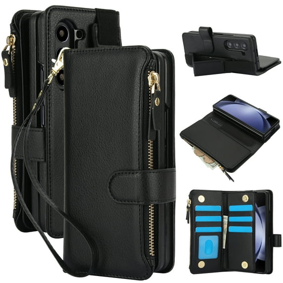 TECH CIRCLE Flip Wallet Case for Galaxy Z Fold 5 (2023) with Wrist Strap Lanyard, Built-in S Pen Holder/Hand Strap/Kickstand, PU Leather Lightweight Case with 6 Card Slots/Zipper Pocket, Black