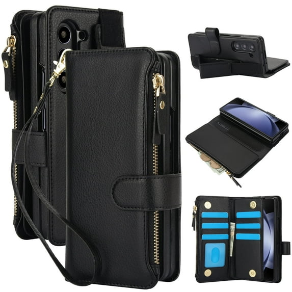 TECH CIRCLE Flip Wallet Case for Galaxy Z Fold 6 (2024) with Wrist Strap Lanyard, Built-in S Pen Holder/Hand Strap/Kickstand, PU Leather Lightweight Case with 6 Card Slots/Zipper Pocket, Black