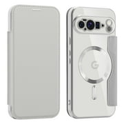 TECH CIRCLE Flip Wallet Case for Google Pixel 10 /10 Pro - Clear Back Cover, Compatible with MagSafe, Built-in 3 Card Slots, RFID Blocking, PU Leather Slim Fit Lightweight Protective Case, Grey