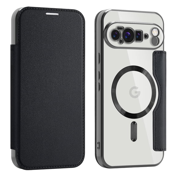 TECH CIRCLE Flip Wallet Case for Google Pixel 10 /10 Pro - Clear Back Cover, Compatible with MagSafe, Built-in 3 Card Slots, RFID Blocking, PU Leather Slim Fit Lightweight Protective Case, Black