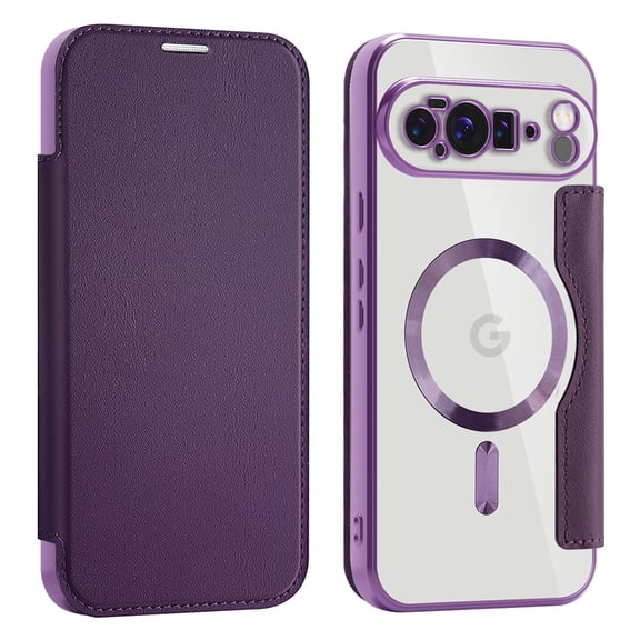 TECH CIRCLE Flip Wallet Case for Google Pixel 10 /10 Pro - Clear Back Cover, Compatible with MagSafe, Built-in 3 Card Slots, RFID Blocking, PU Leather Slim Fit Lightweight Protective Case, Purple