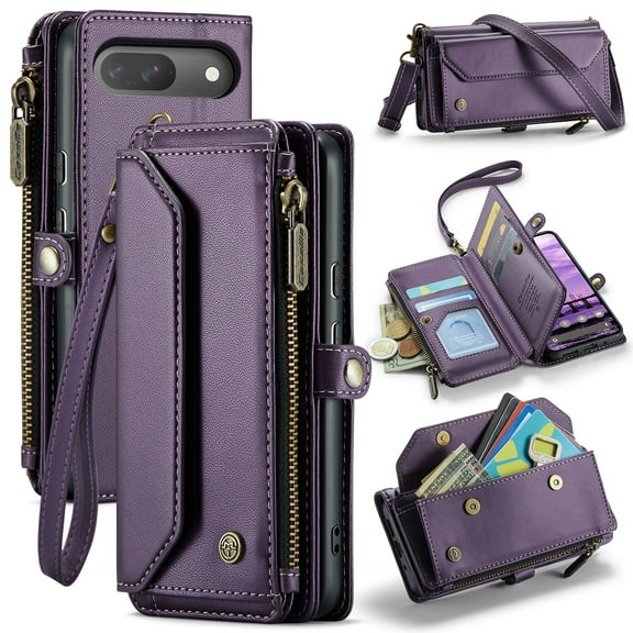 TECH CIRCLE Flip Wallet Case for Google Pixel 10 Pro / 10 (2025 Release, 6.3") with Wrist Lanyard/Crossbody Shoulder Strap, 7 Card Slots, 2 Pockets, RFID Blocking, Support Wireless Charging, Purple