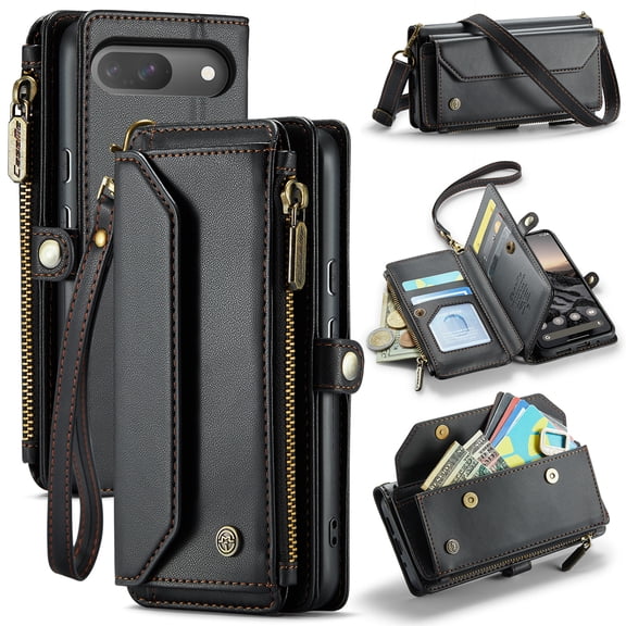 TECH CIRCLE Flip Wallet Case for Google Pixel 10 Pro XL (2025 Release, 6.8") with Wrist Lanyard/Crossbody Shoulder Strap, 7 Card Slots, 2 Pockets, RFID Blocking, Support Wireless Charging, Black