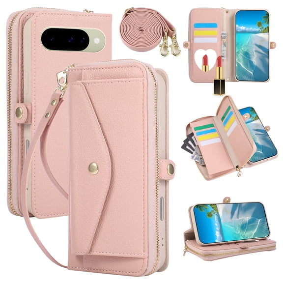 TECH CIRCLE Flip Wallet Case for Google Pixel 11 Pro XL with Wrist/Crossbody Strap, Multiple Card Slots, Zipper Pocket, Big Front Pocket, Small Mirror, PU Leather Travel-Friendly Phone Case, Pink