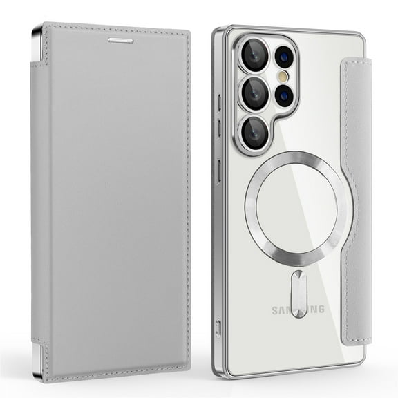 TECH CIRCLE Flip Wallet Case for Samsung Galaxy S25+ - Clear Back Cover, Compatible with MagSafe, Built-in 3 Card Slots, RFID Blocking, PU Leather Slim Fit Lightweight Protective Case, Grey