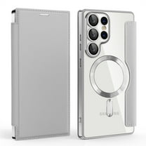 TECH CIRCLE Flip Wallet Case for Samsung Galaxy S25 - Clear Back Cover, Compatible with MagSafe, Built-in 3 Card Slots, RFID Blocking, PU Leather Slim Fit Lightweight Protective Case, Grey