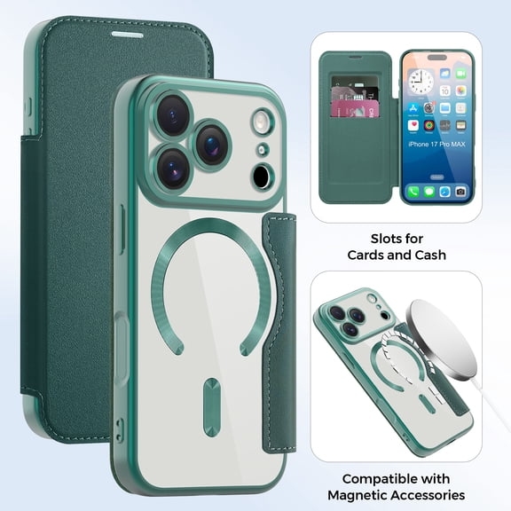 TECH CIRCLE Flip Wallet Case for iPhone 16 Pro Max - Clear Back Cover, Compatible with MagSafe, Built-in 3 Card Slots, RFID Blocking, PU Leather Slim Fit Lightweight Protective Case, Darkgreen