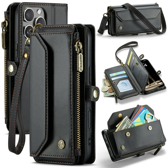 TECH CIRCLE Flip Wallet Case for iPhone 17 Pro (2025 Release, 6.3") with Wrist Lanyard/Crossbody Shoulder Strap, 7 Card Slots, 2 Pockets, RFID Blocking, Support Wireless Charging, Black