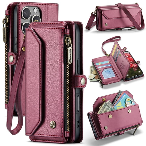 TECH CIRCLE Flip Wallet Case for iPhone 17 Pro Max (2025 Release, 6.9") with Wrist Lanyard/Crossbody Shoulder Strap, 7 Card Slots, 2 Pockets, RFID Blocking, Support Wireless Charging, Winered