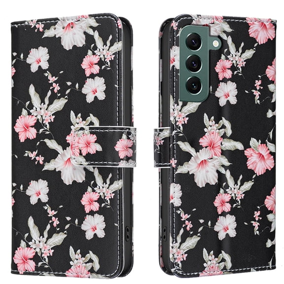 TECH CIRCLE Flip Wallet Phone Case for Galaxy S22 (6.1", 2022) with Credit Card/Cash Slot, Stand Feature, Beatiful Floral Pattern PU Leather Protective Lightweight Cute Case, Black Flowers