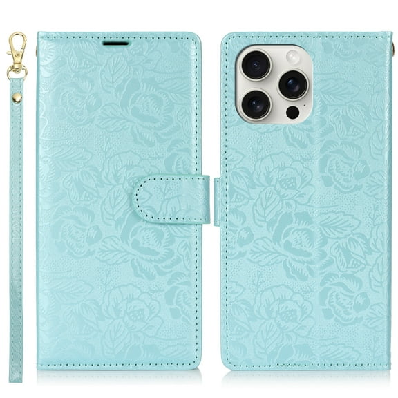 TECH CIRCLE Flip Wallet Phone Case with Wrist Strap for iPhone 15, Cute Floral PU Leather Cover with Card Slots/Cash Pocket, Lightweight Protective Slim Fold Stand Case, Blue