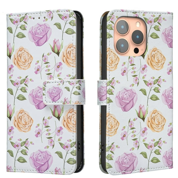 TECH CIRCLE Flip Wallet Phone Case for iPhone 15 Plus (6.7", 2023) with Credit Card/Cash Slot, Stand Feature, Beatiful Floral Pattern PU Leather Protective Lightweight Case, Purple Yellow Roses