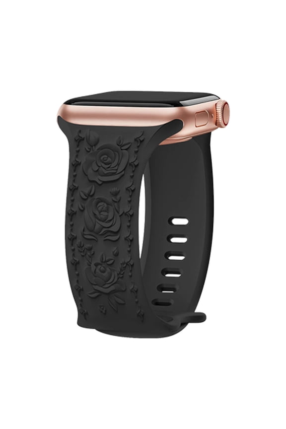 TECH CIRCLE Floral Engraved Band for Apple Watch Band 40mm 41mm 38mm Women, Soft Silicone Cute Flower Rose Embossed Sport Strap for iWatch Band Series SE 9 8 7 6 5 4 3 2 1,Black