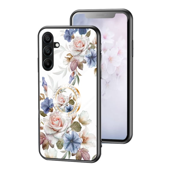 TECH CIRCLE Flower Pattern Case for Samsung Galaxy A35,Slim Shockproof TPU Bumper Phone with Built-in 360 Rotatable Ring Holder Kickstand Cover for Galaxy A35 5G,White