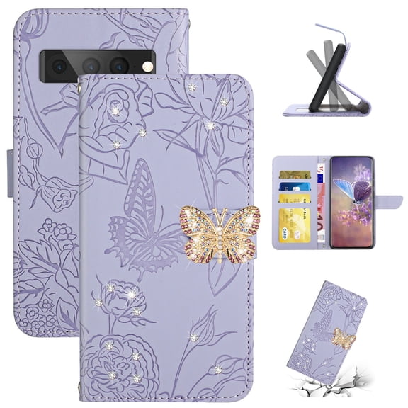 TECH CIRCLE Flower Pattern Wallet Case for Google Pixel 8 Pro, Sparkle Rhinestone Butterfly PU Leather Magnetic Kickstand Card Slots Cover with Crossbody Wrist Strap for Google Pixe 8 Pro,Lightpurple