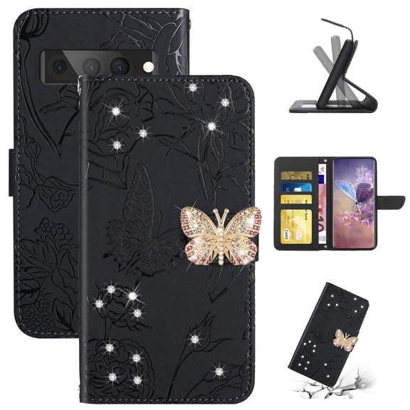 TECH CIRCLE Flower Pattern Wallet Case for Google Pixel 8 Pro, Sparkle Rhinestone Butterfly PU Leather Magnetic Kickstand Card Slots Cover with Crossbody Wrist Strap for Google Pixe 8 Pro,Black