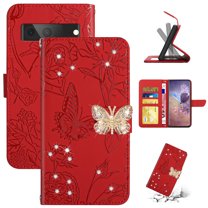 TECH CIRCLE Flower Pattern Wallet Case for Google Pixel 8, Sparkle Rhinestone Butterfly PU Leather Magnetic Clasp Kickstand Card Slots Cover with Crossbody Wrist Strap for Google Pixe 8,Red