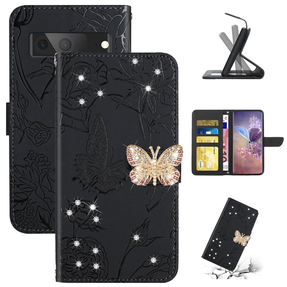 TECH CIRCLE Flower Pattern Wallet Case for Google Pixel 8, Sparkle Rhinestone Butterfly PU Leather Magnetic Clasp Kickstand Card Slots Cover with Crossbody Wrist Strap for Google Pixe 8,Black