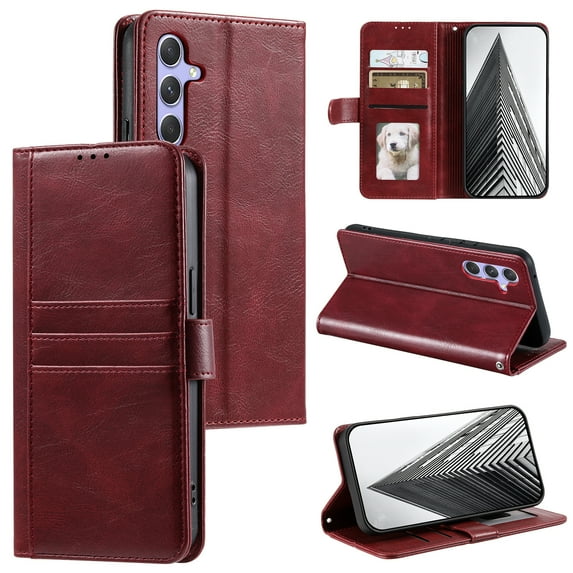 TECH CIRCLE Folio Case for Samsung Galaxy A32 4G (6.4") 2021 Phone - Protective Flip Fold Case with Wrist Strap, Built-in Stand & Card Slots Holders, Lightweight Portable Phone Cover, Dark Red