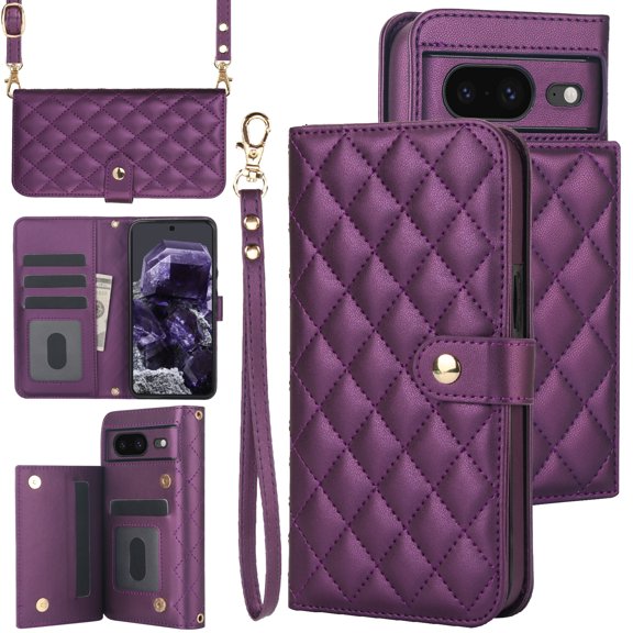 TECH CIRCLE Folio Faux Leather Case for Google Pixel 8 (6.2") 2023 - Protective Stylish Phone Case, Built-in Stand & Card Slots & Wrist Strap & Button Closure, Lightweight Portable Cover, Dark Purple