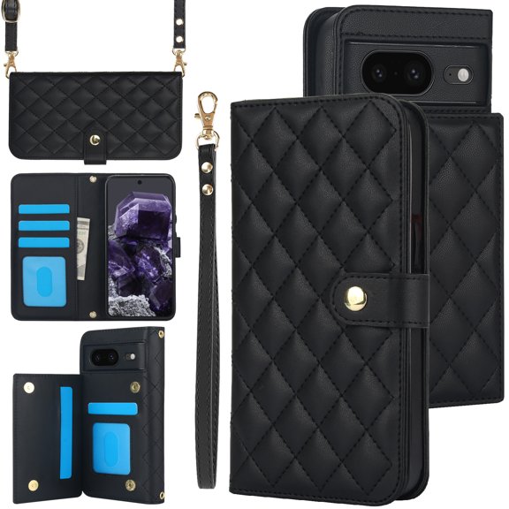 TECH CIRCLE Folio Faux Leather Case for Google Pixel 8 (6.2") 2023 - Protective Stylish Phone Case, Built-in Stand & Card Slots & Wrist Strap & Button Closure, Lightweight Portable Cover, Black