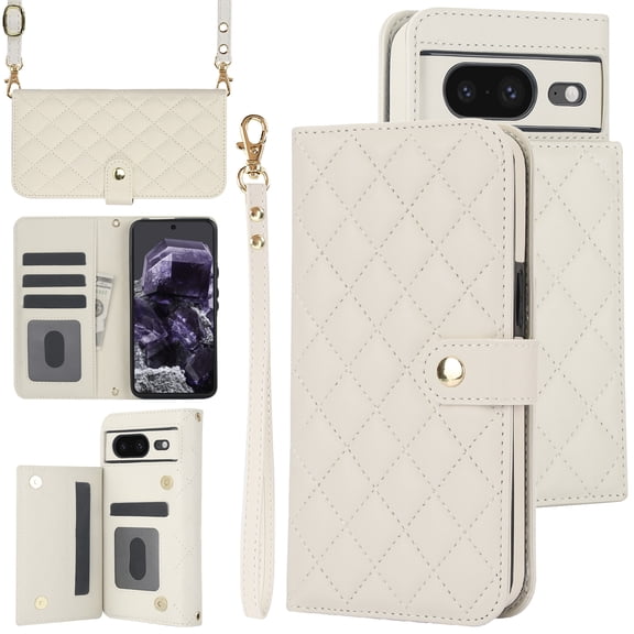 TECH CIRCLE Folio Faux Leather Case for Google Pixel 8 (6.2") 2023 - Protective Stylish Phone Case, Built-in Stand & Card Slots & Wrist Strap & Button Closure, Lightweight Portable Cover, White