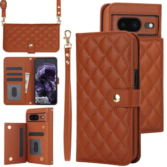 TECH CIRCLE Folio Faux Leather Case for Google Pixel 8A (6.1") 2023 - Protective Stylish Phone Case, Built-in Stand & Card Slots & Wrist Strap & Button Closure, Lightweight Portable Cover, Brown
