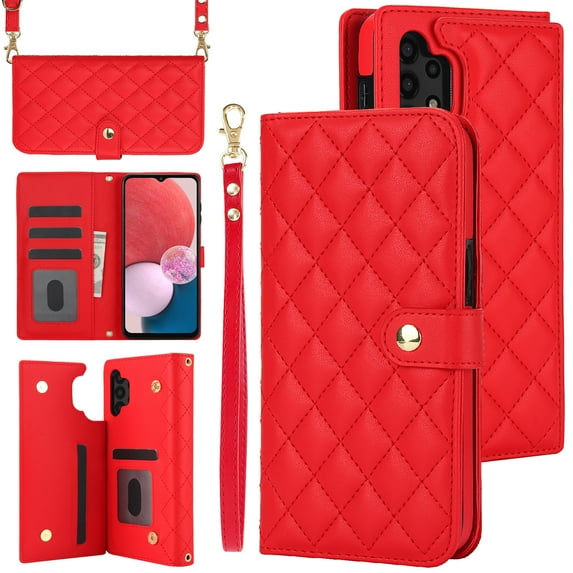 TECH CIRCLE Folio Faux Leather Case for Samsung Galaxy A13 4G (6.6") 2022 - Protective Stylish Phone Case, Built-in Stand & Card Slots & Wrist Strap & Button Closure, Lightweight Portable Cover, Red
