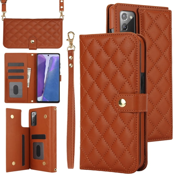 TECH CIRCLE Folio Faux Leather Case for Samsung Galaxy Note 20 (6.7") 2020 - Protective Phone Case, Built-in Stand & Card Slots & Wrist Strap & Button Closure, Lightweight Portable Cover, Brown
