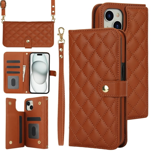 TECH CIRCLE Folio Faux Leather Case for iPhone 13 Pro Max (6.7") 2021 - Protective Stylish Phone Case, Built-in Stand & Card Slots & Wrist Strap & Button Closure, Lightweight Portable Cover, Brown