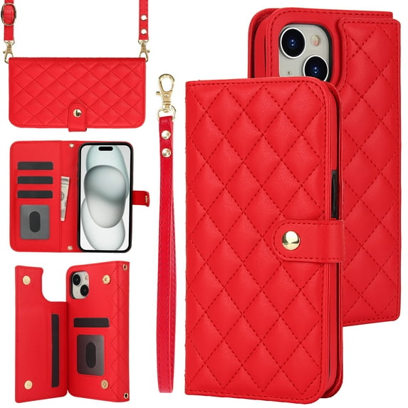 TECH CIRCLE Folio Faux Leather Case for iPhone 15 (6.1") 2023 - Protective Stylish Phone Case, Built-in Stand & Card Slots & Wrist Strap & Button Closure, Lightweight Portable Cover, Red