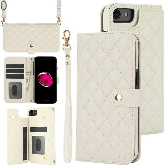 TECH CIRCLE Folio Faux Leather Case for iPhone 8 Plus & iPhone 7 Plus (5.5") 2017 - Protective Phone Case, Built-in Stand & Card Slots & Wrist Strap & Button Closure, Lightweight Portable Cover, White