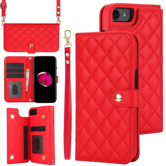 TECH CIRCLE Folio Faux Leather Case for iPhone 8 Plus & iPhone 7 Plus (5.5") 2017 - Protective Phone Case, Built-in Stand & Card Slots & Wrist Strap & Button Closure, Lightweight Portable Cover, Red