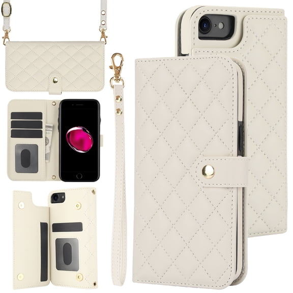 TECH CIRCLE Folio Faux Leather Case for iPhone SE 2022/2020 & iPhone 8 & iPhone 7 (4.7") - Protective Case, with Stand & Card Slots & Wrist Strap & Button Closure, Lightweight Portable Cover, White