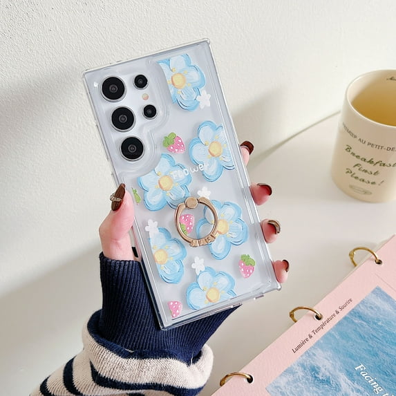 TECH CIRCLE For Galaxy A13 5G Case, 360 Rotating Ring Holder Kickstand Soft Slim Shockproof Protective TPU Girls Women Clear Cute Case for Samsung Galaxy A13 5G 6.5" 2021,Strawberry Flower