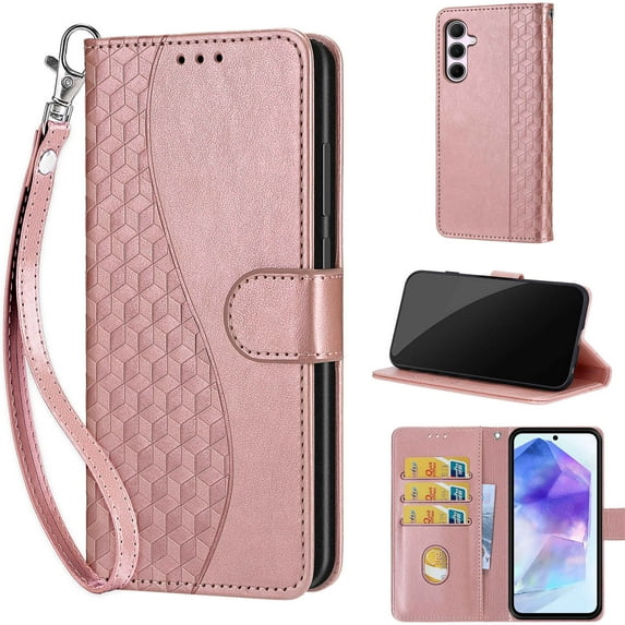 TECH CIRCLE For Galaxy A22 5G Wallet Case,Folio Flip Kickstand Shockproof Protective PU Leather Cover with Card Slot Cash Pocket Carrying Wrist Strap for Samsung Galaxy A22 5G 6.6" 2021,Rosegold