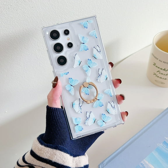 TECH CIRCLE For Galaxy A32 5G Case, 360 Rotating Ring Holder Kickstand Soft Slim Shockproof Protective TPU Girls Women Clear Cute Case for Samsung Galaxy A32 5G 6.5" 2021,Lightblue Butterfly