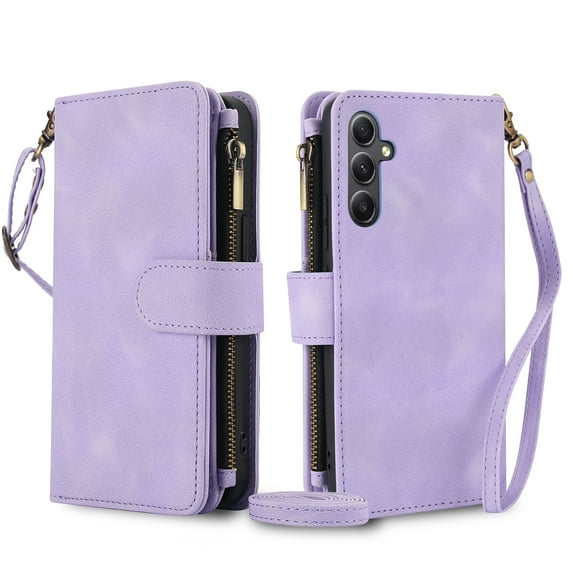 TECH CIRCLE For Galaxy A52 5G Case with Card Holder,PU Leather Zipper Pocket Flip Folio Wallet Case with Crossbody Wrist Strap Kickstand Protective Case for Samsung Galaxy A52 5G 6.5" 2021,Purple