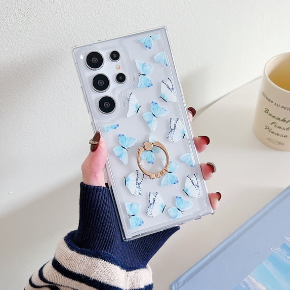 TECH CIRCLE For Galaxy Note 20 Case, 360 Rotating Ring Holder Kickstand Soft Slim Shockproof Protective TPU Girls Women Clear Cute Case for Samsung Galaxy Note 20 6.7" 2020,Lightblue Butterfly