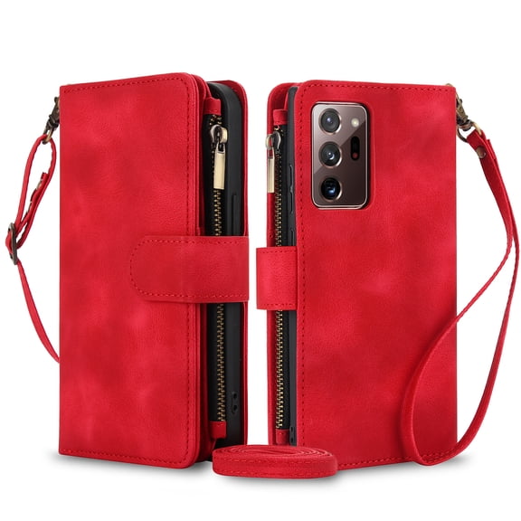 TECH CIRCLE For Galaxy Note 20 Ultra Case with Card Holder,PU Leather Zipper Pocket Flip Folio Wallet Case with Crossbody Wrist Strap Kickstand Protective Case for Samsung Galaxy Note 20 Ultra,Red
