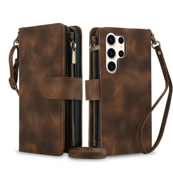 TECH CIRCLE For Galaxy S20 Case with Card Holder,PU Leather Zipper Pocket Flip Folio Wallet Case with Crossbody Wrist Strap Kickstand Protective Case for Samsung Galaxy S20 5G 6.2" 2020,Brown