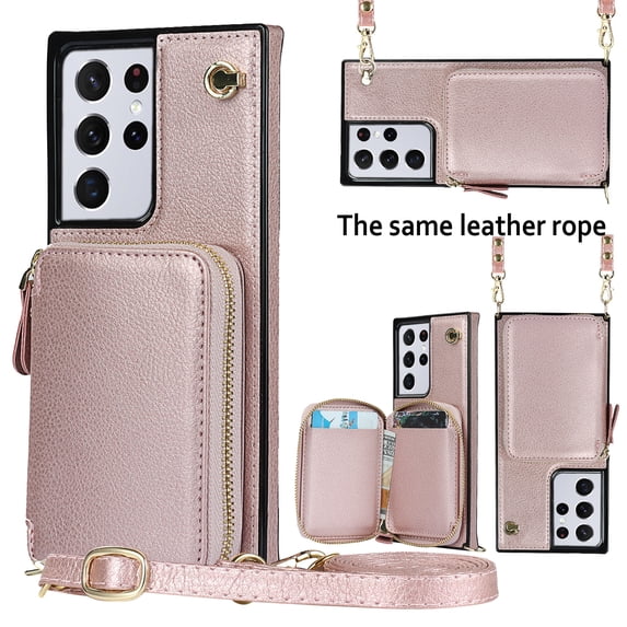 TECH CIRCLE For Galaxy S21 Wallet Case,Card Holder Phone Case for Women, Zipper PU Leather Purse Kickstand Folio Flip Case with Crossbody Strap for Samsung Galaxy S21 6.2" 2022,Rosegold