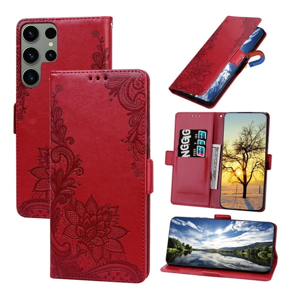 TECH CIRCLE For Galaxy S21 Wallet Case,PU Leather Protective Phone Case Wrist Strap Card Slots Holder Embossed Lace Flower Stand Flip Case for Samsung Galaxy S21 6.2" 2022,Red