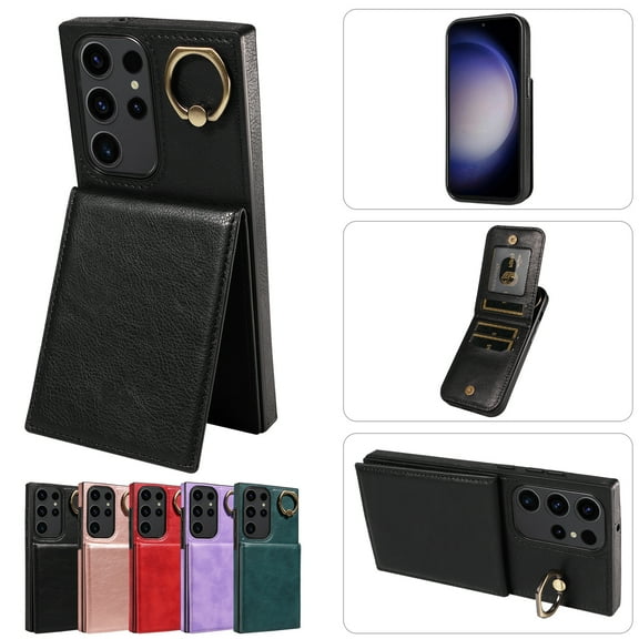 TECH CIRCLE For Galaxy S22 Ultra Wallet Case with Card Holder, Thin Slim PU Leather Finger Ring Kickstand Shockproof Protective Magnetic Women Men Phone Cover for Samsung Galaxy S22 Ultra 6.8",Black