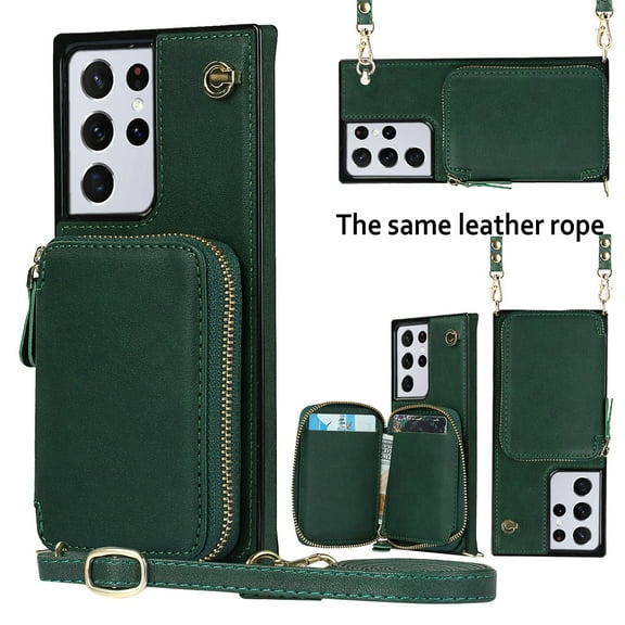 TECH CIRCLE For Galaxy S22 Wallet Case,Card Holder Phone Case for Women, Zipper PU Leather Purse Kickstand Folio Flip Case with Crossbody Strap for Samsung Galaxy S22 6.1" 2022,Darkgreen